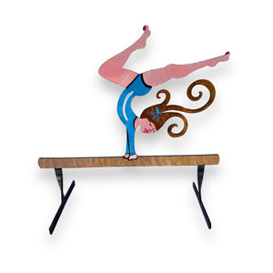 Gymnast On Beam (Turquoise With Brown Hair) Hand Painted Freestanding Metal Figurine - 7-in