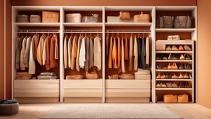 A well-organized closet with neat, stacked shelves and hanging sections, all in warm, inviting tones.