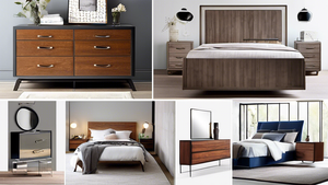 A collage of modern bedroom dressers in various styles and finishes, showcasing their functionality for both storage and style. Include a mix of materials, such as wood, metal, and glass, and feature 