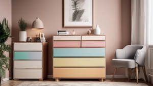 A photorealistic image of a variety of affordable chests of drawers in a modern bedroom, with a focus on the drawers' functionality and durability.