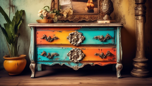 Distressed three-drawer antique dresser, vibrant colors and ornate details, rustic chic, warm sunlight