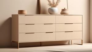 A minimalist and elegant beige dresser with clean lines and ample storage space, designed to seamlessly blend into any room décor, from classic to contemporary.