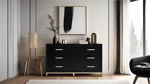 **DALL-E Prompt:**

Capture the elegant simplicity of a modern black dresser crafted entirely from wood. Showcase its sleek lines, geometric details, and the rich, natural texture of the wood grain. D