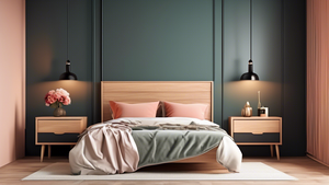 Generate an image of a modern bedroom with stylish dressers. The dressers should be made of sleek wood and have clean lines. The bedroom should be well-lit and have a calming atmosphere.