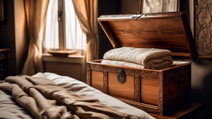 Antique wooden chest with intricate carvings, filled with neatly folded linens, blankets, and clothing, positioned in a cozy and elegant mastering bedroom with a plush bed and soft lighting.