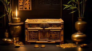 A beautiful bamboo chest, intricately carved with Chinese characters. The chest is open, revealing a treasure trove of gold coins, jewels, and ancient artifacts. The chest is sitting in a dark, dusty 