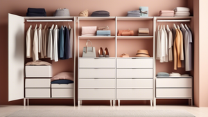 A well-organized bedroom closet with neatly folded clothes, shoes, and accessories, featuring a minimalist design and ample storage space