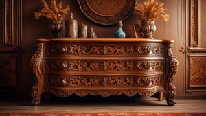 A majestic wooden dresser of intricate design, with ornate carvings and a rich, warm finish. It stands in a grand bedroom, surrounded by luxurious fabrics and elegant decor.