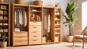 Generate an image of a well-organized closet with bamboo shelves, drawers, and racks. The closet should have a natural, earthy aesthetic with warm lighting and pops of greenery.