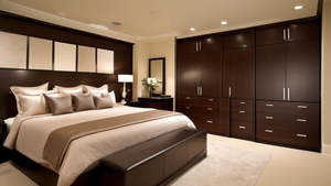 A luxurious and spacious modern bedroom with a tall, sleek dresser dominating one wall. The dresser has multiple drawers, providing ample storage space. The dresser's finish is a rich dark wood, contr