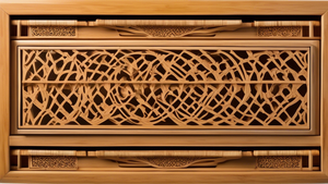 A modern wooden drawer with a bamboo front panel adorned with intricate carvings, featuring a smooth, seamless design that blends Eastern influences with contemporary aesthetics. The drawer seamlessly