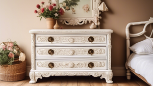 An antique white chest of drawers with ornate carvings and drawer pulls. The chest is in a bedroom with a wooden floor and a window with a view of a garden. The chest is open and filled with clothing 