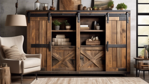 A photorealistic image of a rustic barn door dresser with sliding doors made of weathered wood, metal accents, and ample storage space inside, blending farmhouse and industrial styles in a living room