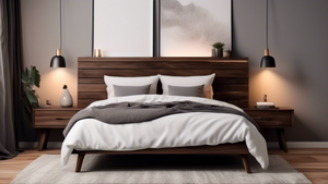 A stylish bedside chest made of dark wood, with two drawers and a shelf, placed next to a bed with white linens and a gray headboard, in a cozy and modern bedroom with warm lighting.