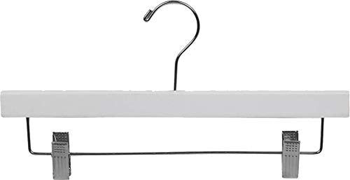 White Rubberized Wooden Pant Hanger with Adjustable Cushion Clips, Rubber Coated Bottom Hangers with Chrome Swivel Hook (Set of 100) by The Great American Hanger Company