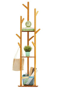 COPREE Bamboo Tree Garment Clothes Coat Hat Umbrella Portable Hanger Stand Rack with 3-Tier Storage Shelves and Hooks