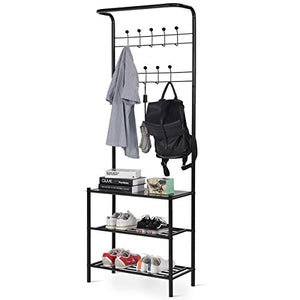 Custpromo Metal 18 Hooks Coat Rack with 3-Tier Shoe Bench Entryway Storage Shelf, 26.0" x 12.5" x 72.5" (L x W x H), Black