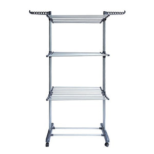 Comcastle 3-Tier Clothes Drying Rack with Heavy Duty 360 Degree Wheels, Double Pole Rail Rod Adjustable Clothes Rack Hanger Indoor Outdoor, Compact Storage