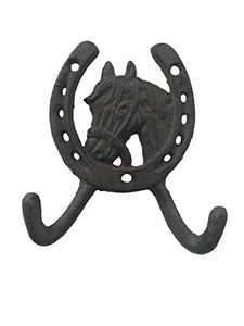 Cast Iron Horse Head Horseshoe Double Key Coat Hooks Wall Hanger Clothes Rack, Heavy Duty Recycled