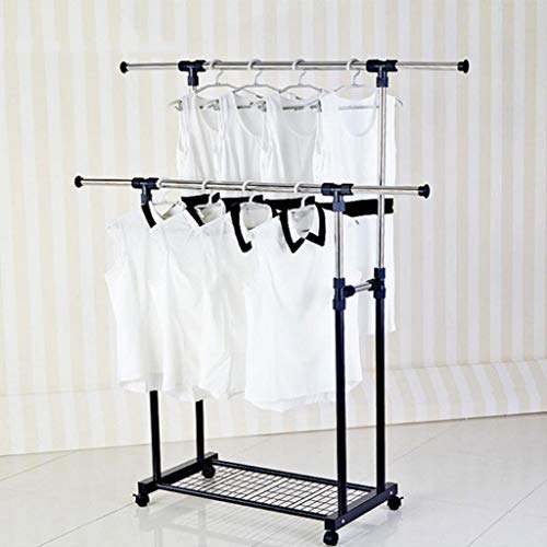 LE Double Rod Stainless Steel Drying Rack,Stand Folding Telescopic Mobile Wheel Hanger A