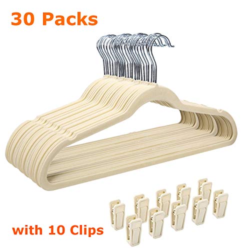 GEMITTO Velvet Suit Hangers, 30Pcs Nonslip Clothes Hanger with Extra 10 Clips, Ultra Thin Heavy Duty & Durable Hangers, 360° Swivel Hook, Closet Space-Saving for Coats Pants Dress Jackets (Beige)