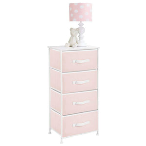 Budget mdesign 4 drawer vertical dresser storage tower sturdy steel frame wood top and easy pull fabric bins multi bin organizer unit for child kids bedroom or nursery light pink white