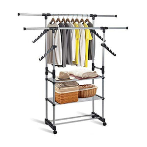 Dporticus Double Rods Rolling Rack Heavy Duty Commercial Grade Clothes Rack Extendable Double Rail Garment Clothing Rack with 3 Shelves