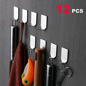 12 Pcs Self Adhesive Hooks Stick Mini Robe Hook Cloth Hooks Wall Hanger Key Organizer For Bathroom And Kitchen, Stainless Steel Brushed
