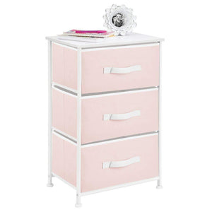 Heavy duty mdesign 3 drawer vertical dresser storage tower sturdy steel frame wood top and easy pull fabric bins multi bin organizer unit for child kids bedroom or nursery light pink white