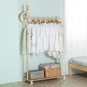 SINGAYE Clothes Rack 2-in-1 Coat Rack Rolling Garment Rack with Bottom Shelves, 7 Side Hooks, Lockable Wheels,Rolling Closet Organizer (Golden)