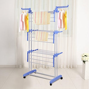 Belovedkai Collapsible 3-Tier Clothes Drying Rack, Folding Garment Hanger Hanging Rods with Casters (Blue)