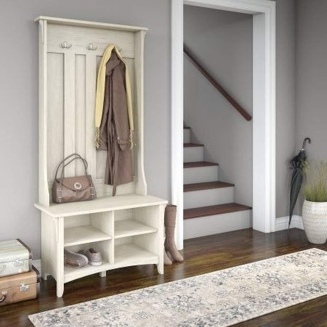By Home Design Entryway Hall Tree, Coat Rack,With Storage Bench In Antique White