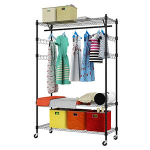 PaPafix Heavy Duty Wire Shelving Unit Garment Rack,Portable Clothes Closet Wardrobe Storage Organizer, with Hanger Bar Wheels+2 Pair Side Hooks, Black