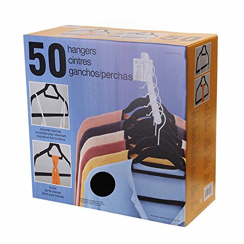Flocked Black Space-Saving Non-Slip Clothes Closet Storage Heavy Duty Hold Hangers with Notches and Tie Bar - 50 Pack
