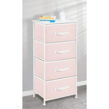 Discover the mdesign 4 drawer vertical dresser storage tower sturdy steel frame wood top and easy pull fabric bins multi bin organizer unit for child kids bedroom or nursery light pink white
