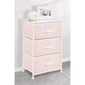 Latest mdesign 3 drawer vertical dresser storage tower sturdy steel frame wood top and easy pull fabric bins multi bin organizer unit for child kids bedroom or nursery light pink white