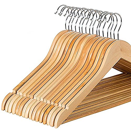 Zober Solid Wood Suit Hangers - 30 Pack - with Non Slip Bar and Precisely Cut Notches - 360 Degree Swivel Chrome Hook - Natural Finish Super Sturdy and Durable Wooden Hangers