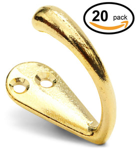 20 Pack of Gold & Decorative Wall Mounted Single Vintage Hook Hangers with 40 Heavy Duty and Extra Long 17mm Metal Screws for Coats, Hats, Keys and Bags