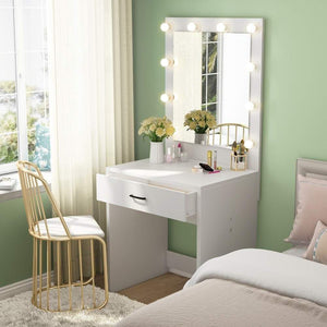 Organize with tribesigns vanity set with lighted mirror makeup vanity dressing table dresser desk with large drawer for bedroom white 10 warm led bulb