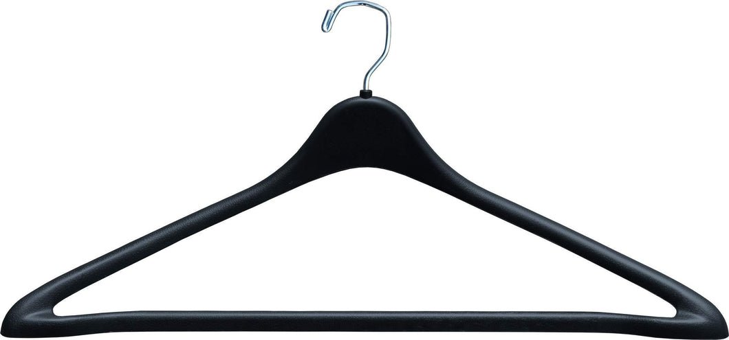 The Great American Hanger Company Heavy Duty Black Plastic Suit Hanger with Fixed Bar, (Box of 100) Sturdy 1/2 Inch Thick Coat Hangers with Square Topped Chrome Swivel Hook