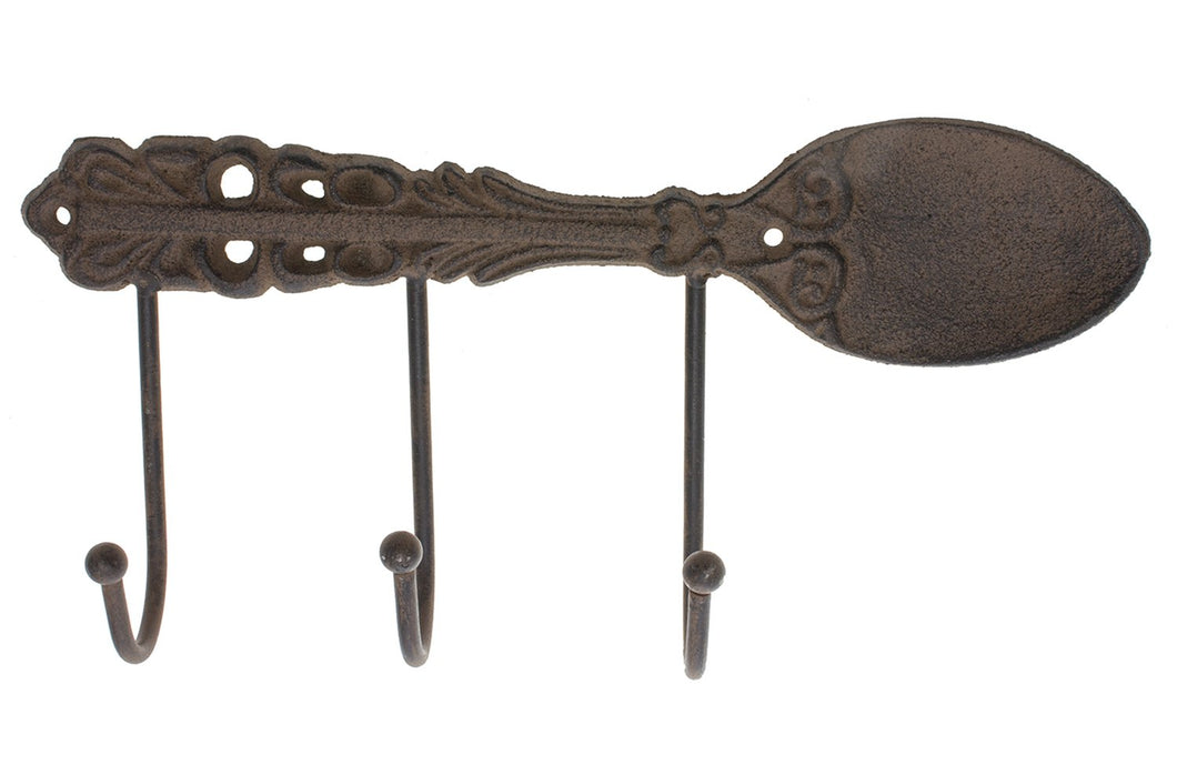 Decorative Cast Iron Kitchen Storage Towel Rack | Vintage Spoon With 3 Hooks | For Keys, Towels, Clothes, Anprons etc | Wall Mounted Towel Hanger | 10.8 X 5.3