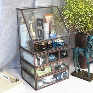 Get hersoo large antique mirror glass makeup organizer jewelry cosmetic display stackable dresser storage for vanity with lid dustproof beauty accent home decorative box drawerset br