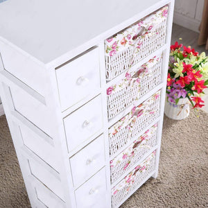 Heavy duty durable dresser storage tower 5 drawers with wicker baskets sturdy frame wood top easy pulling organizer unit for bedroom hallway entryway closet white
