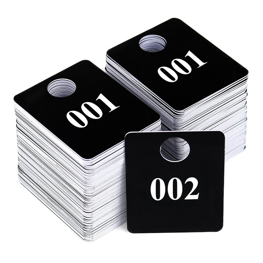 2 Sets – Plastic Numbered Tags, Coat Room Checks, Reusable Coatroom Hanger Claim Tickets, 2 Sets of 100 Consecutive Numbers (001-100)