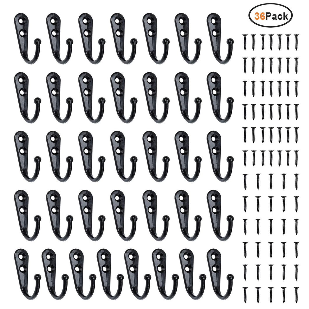 36 Pieces Coat Hooks Wall Mounted Robe Hook Single Coat Hanger No Scratch and 72Pieces Screws Black