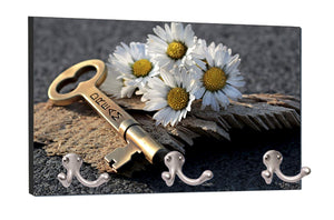 Dream Key and White Flowers Print Design - 8" by 16" Mountable Coat Hanger Rack Household Decoration with Three Double Silver Hooks