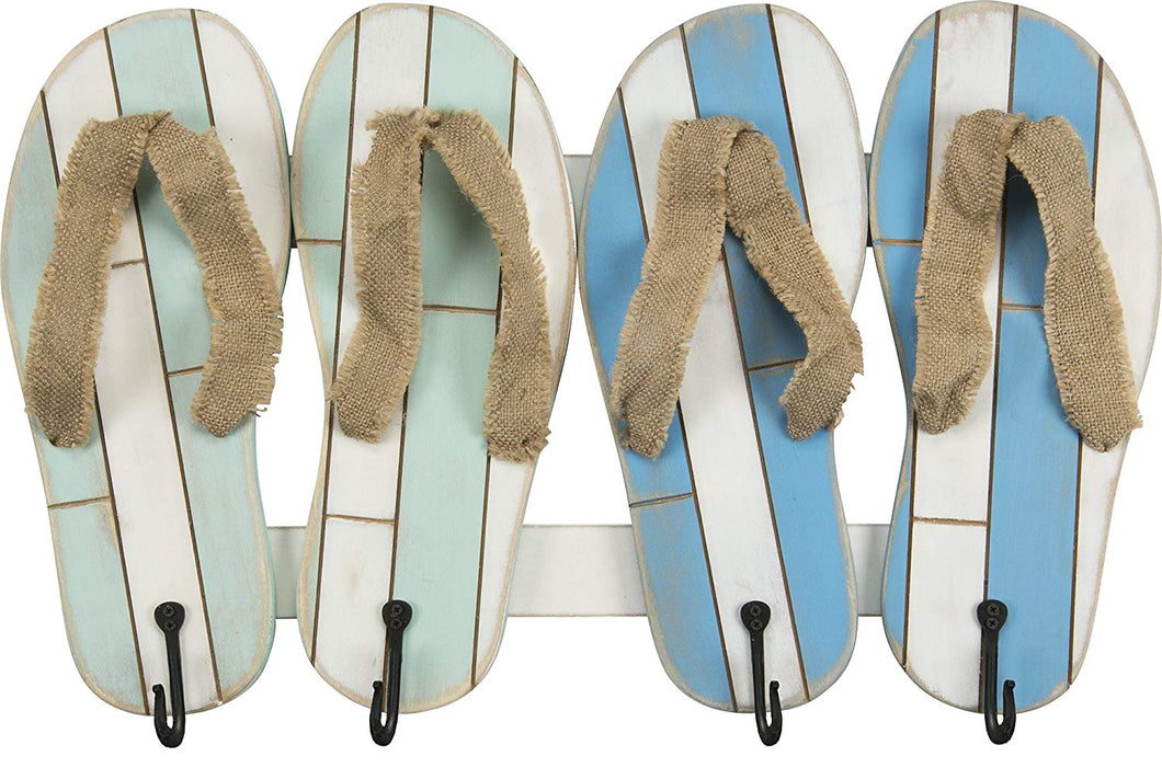 Flip Flop - Beach Lake Pool Style Towel Coat Hook Hanger Board (4 Sandals Hooks)