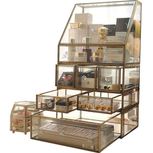 Online shopping antique spacious makeup organizer mirror glass drawers set brass metal cosmetic vanity storage stunning jewelry cube countertop dresser vintage makeup holder nightstand for perfume brushes skincare