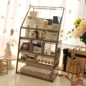 Products antique spacious makeup organizer mirror glass drawers set brass metal cosmetic vanity storage stunning jewelry cube countertop dresser vintage makeup holder nightstand for perfume brushes skincare