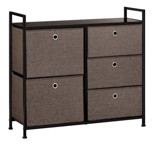 Latest langria faux linen wide dresser storage tower with 5 easy pull drawer and handles sturdy metal frame and wooden table organizer unit for guest dorm room closet hallway office area dark brown